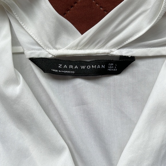 Zara Poplin Off-White Long Sleeve Faux Wrap Side Ruching Blouse Size Large - Picture 8 of 13